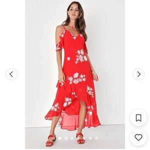 LULU'S red floral maxi cold shoulder off shoulder high low ruffle dress M